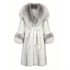 Black/White Color Women's Elegant Thick Woven Plush Artificial Fur Coat Big Lapel Fox Collar Belt Waist Long Winter Warm Eco-Friendly Plain Dyed Outerwear Windproof Long Jackets Ladies Winter Apparel Supplies.