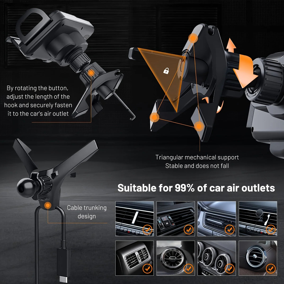 Car Vent Wireless Charger Mount, Fast Charging Phone Holder, Auto Rotating Stand for Phones, Supports Up to 15W Fast Charging