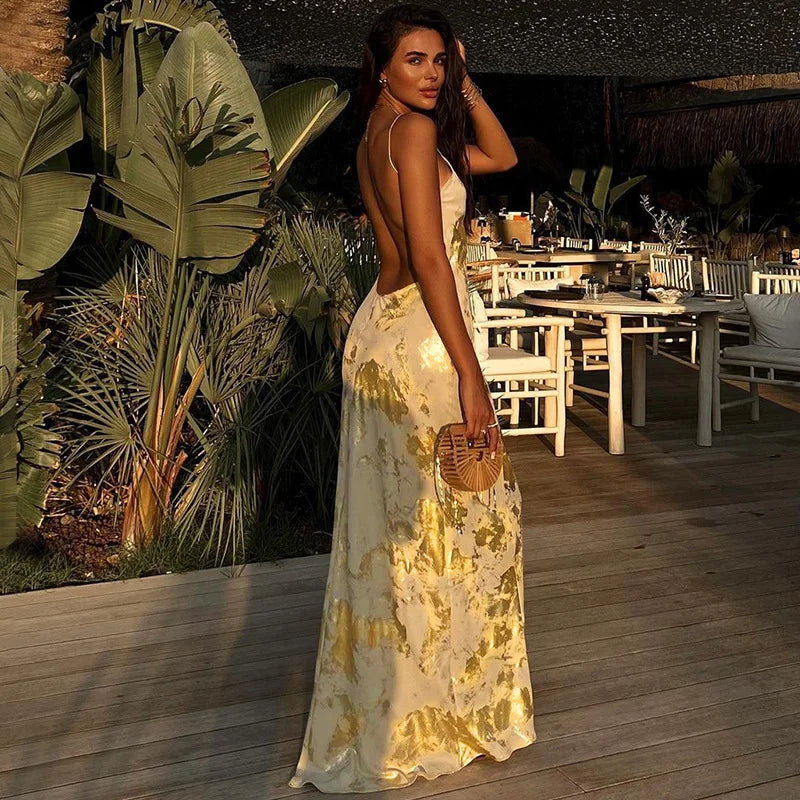NEW Arrivals Elegant Gold Foil Fragmented Sexy Bodycon Maxi Dresses for Women Luxury Evening Party Gown Sexy Backless Stamped Dress Women's Sexy Apparel Supplies
