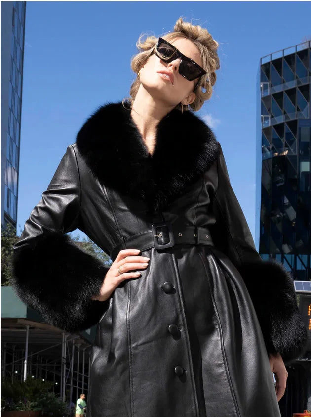 4 Colors S-4XL Plus Size Long Fur Trimmed Leather Trench Coat Women Zipper Women Fur Coat With Fur Collar Cuff Leather Autumn and Winter Outerwear Coat Women Winter Apparel Supplies