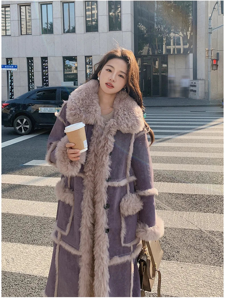HOT SALE Dark Gray/Purple Color Winter New Women's Top Quality Windbreaker Long Coat  Faux Fur Lined Lamb Wool Puffer Jacket Outerwear Coat Women Winter Clothing Supplies