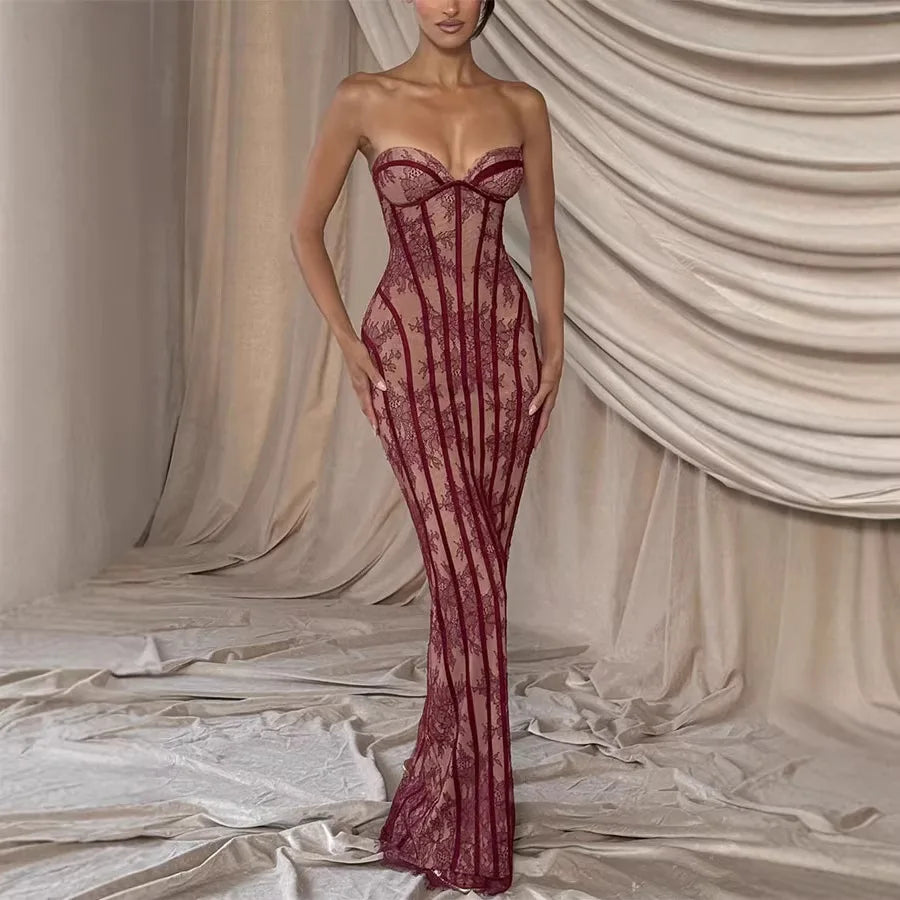 HOT SALE Cashmere Women's  Slim-Fit Lace-Up Off-the-Shoulder Illusion Floor-Length Wedding Guest Evening Prom Party Dress Bodycon Silhouette Celebrities Formal Gowns Ladies Luxury Apparel Supplies
