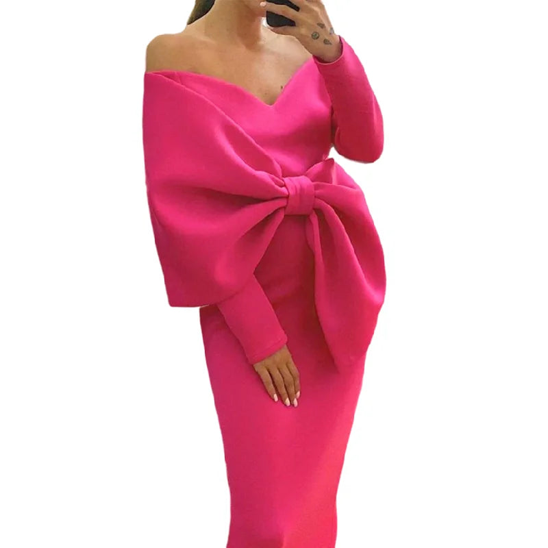 Boutique Gala Hot Selling S-3XL Plus Size Elegant Rose Big Bowtie Off Shoulder Deep V-Neck Wedding Guest Night Prom Party Dresses Women Long Gown Evening Dresses Ladies Apparel Supplies