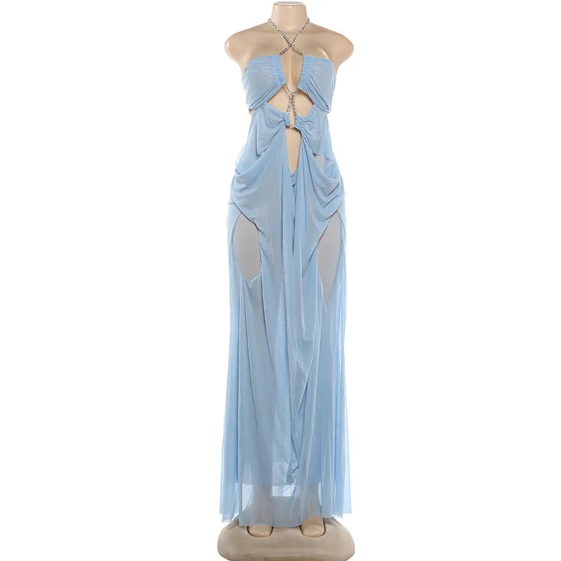 4 Colors New Fashion Summer Women Sexy See Through Clothing Vendor Sleeveless Halter Backless Sexy Maxi Dress Evening Beach Party Mesh See Night Clubwear Prom Maxi Gowns