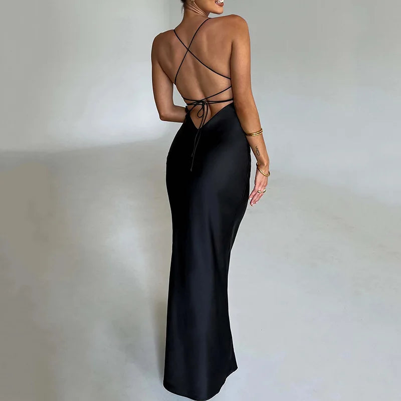 Autumn Spring Satin Backless Lace Up Mermaid Slip Sexy Dress Women Sweetheart Neck Sexy Slim Bodycon Dresses Elegant Silk Gown Evening Party Night Clubwear Ladies Sexy Apparel Supplies