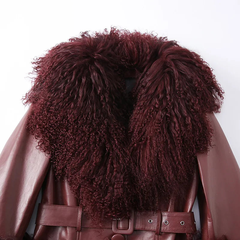 Boutique Gala HOT SALE (Few Units Left)  Real Leather Fur Jacket Black/Gray/Brown/Wine Red Color S-2XL Women Genuine Leather Trench Coat with Detachable Mongolian Natural Raccoon Fur Collar Cuffs Winter Outfits Ladies Luxury