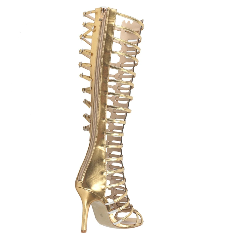 New Design Italian Rome Buckle Narrow Bands Open Toe High Heel Sexy Gladiator Sandal Boots Women Knee High Shoes