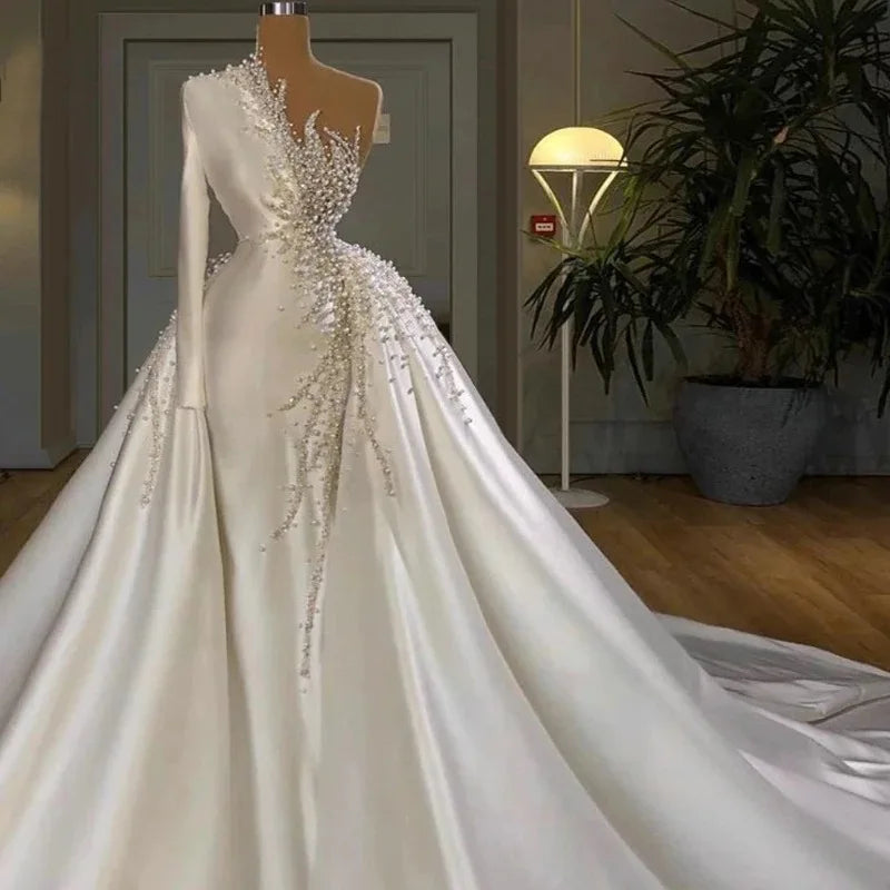 Boutique Gala HOT SALE TOP Luxury Women's Beaded Lace Fabric Pearl White Bridal Wedding Dress Ball Gown Elegant Luxurious Rhinestones Crystal Ruffles for Wedding Boho Evening Wedding Prom Party Ladies Luxury Apparel Supplies