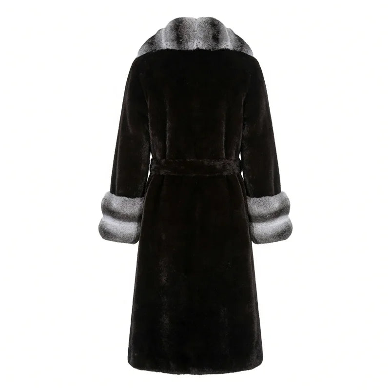 Black/Beige Color Women's Loose Long Eco-Friendly Top Quality Artificial Fur Coat Turn-Down Collar Warm Fluffy Windproof Winter Outerwear Trench Jackets Ladies Winter Clothing Supplies