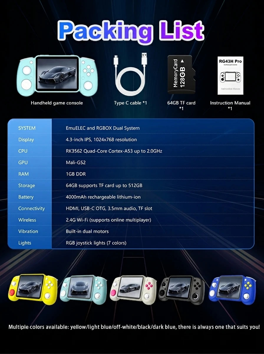 RG43H PRO 4000mah 4.3inch 1024X768 Resolutions 1GB+64GB with Games CPU RK3562 Supports WI-FI Linux System Video Games Console Player Controller