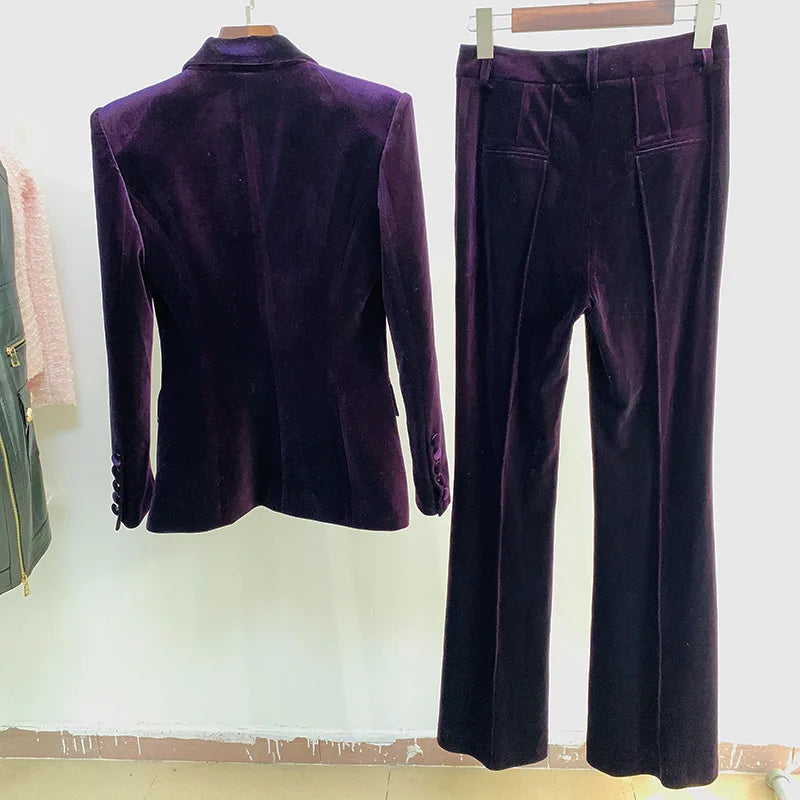 Velvet Blazer Pants Women Set Purple Brown Autumn Winter New One Button Jacket + Flare Pants Two Piece Office Female Suit