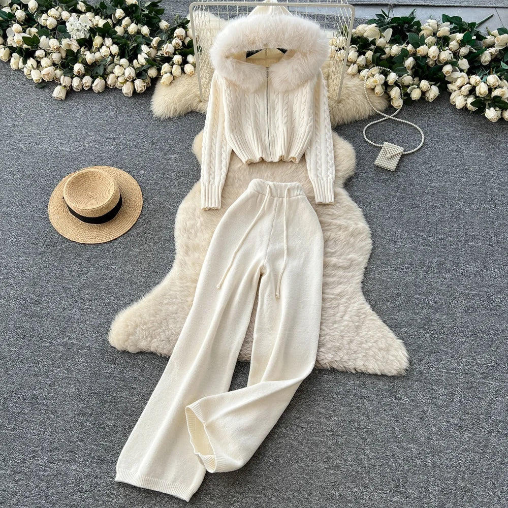 2 PCS Set Apricot/Gray Color Women's Sweat Suits Furry Trim Cropped Hooded Knit Top and Wide-Leg Sweater Pants Set Autumn Winter Warm Outdoor Sport Activities Home Loungewear Ladies Clothing Supplies