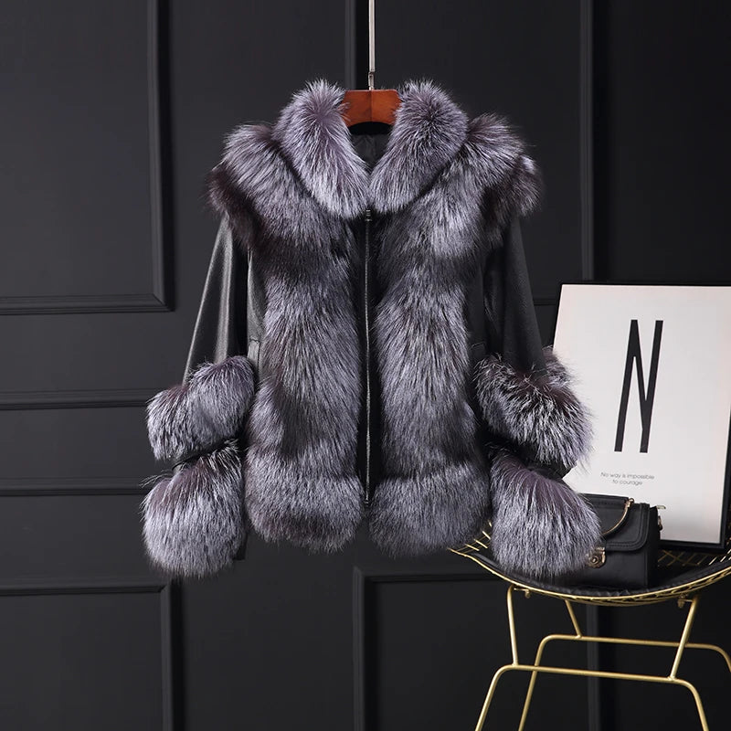 NEW Design  Fashionable Women's Winter Natural Fox Fur Outfit Real Fox Fur Jacket with Authentic Sheep Leather Girls Luxury Apparel Accessories Winter Clothing Supplies