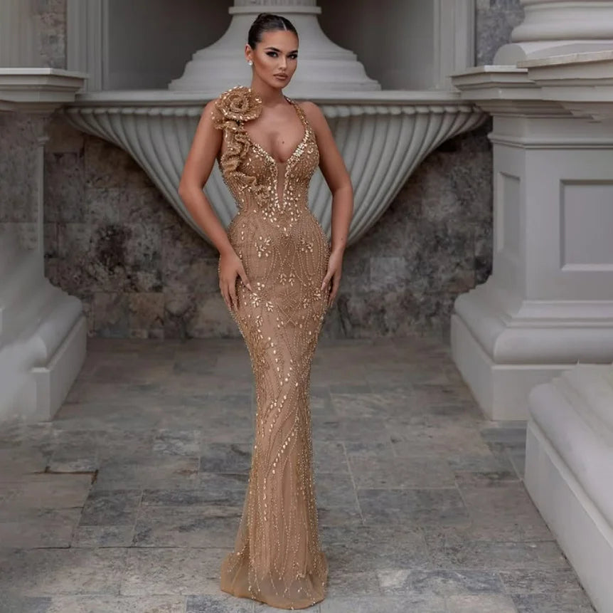 Boutique Gala HOT SALE Top Luxury Champagne Gold Crystal Beaded Halter Celebrities Red Carpet Floor-Length Dresses Flower Sequins Sleeveless Backless Business Dinner Evening Prom Party Formal Mermaid Maxi Long Gown Ladies For