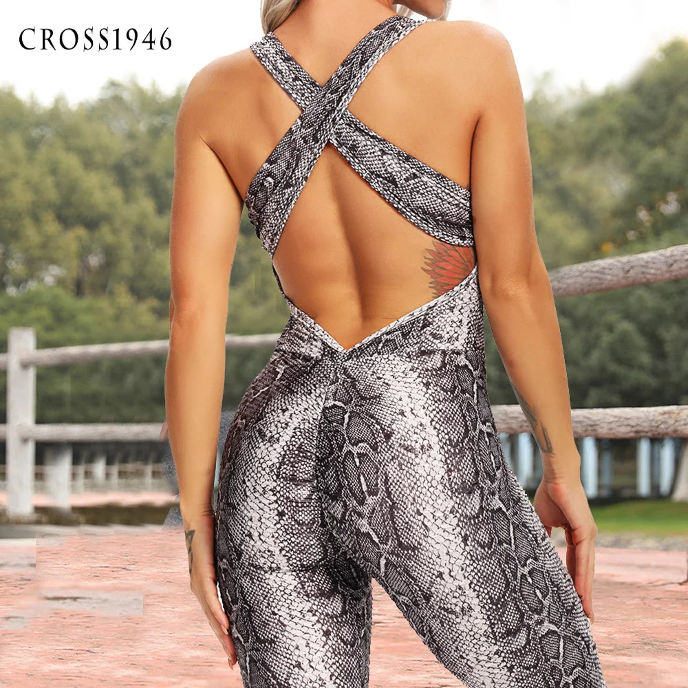 New Snake Pattern Print Women Yoga Set Halter Sports Suit Backless Sexy Yoga Jumpsuit High Waist Hips Trousers Fitness Tracksuit