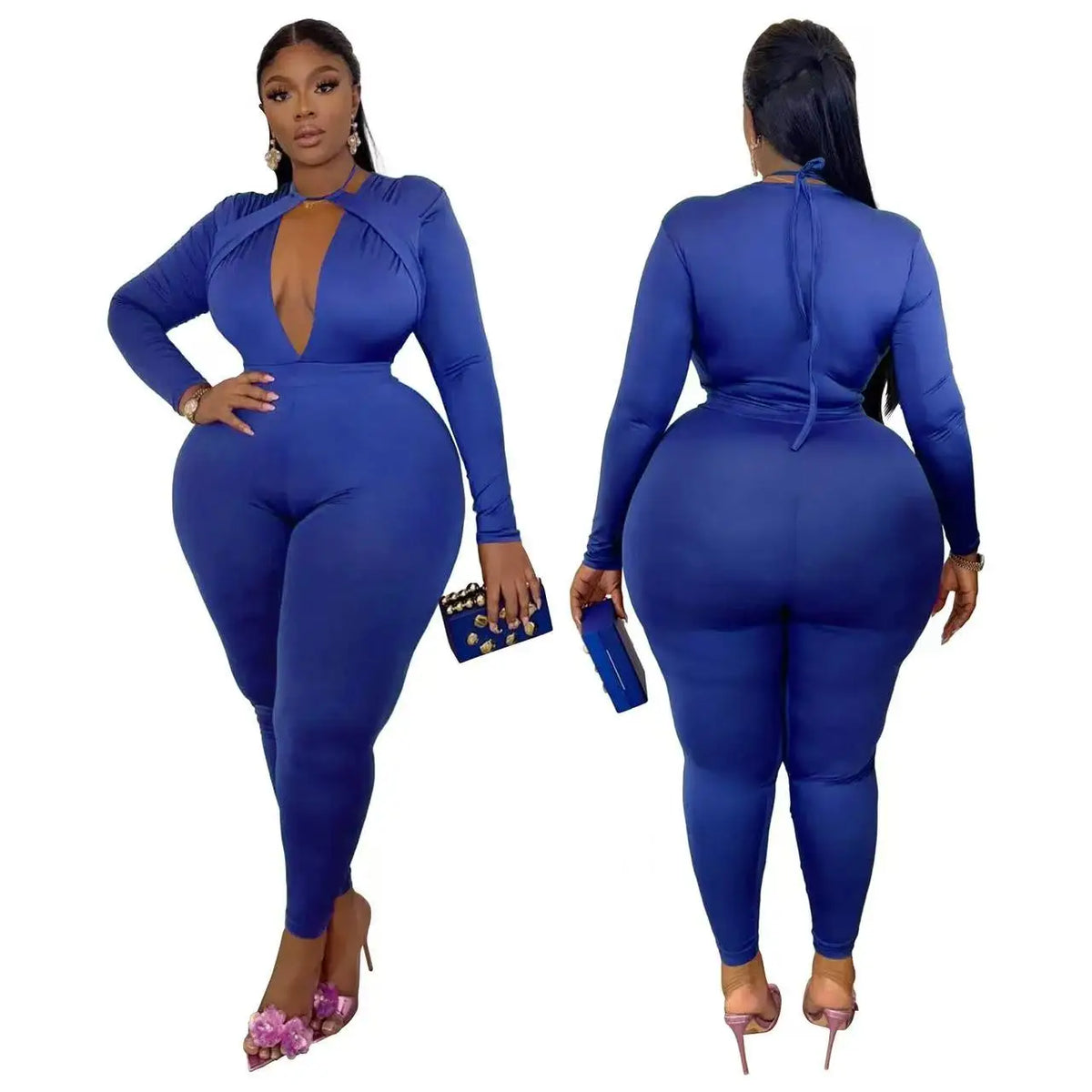 HEY BIG GIRLS.. XL-5XL For Curvy Ladies Trendy Long Sleeve Sexy Jumpsuits for Women Sexy V-Neck Plus Size Clothing Elegance Fall Outfits Evening Party Night Clubwear Clothes