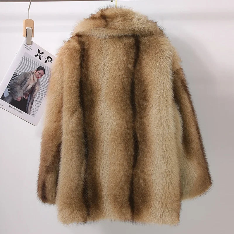 Coffee Brown/Khaki Color Luxury Gradient Brown Artificial Fox Fur Coat for Women Turn-Down Collar Regular Length Winter Warm Eco-Friendly Windproof Outerwear Mid Jackets Ladies Winter Clothing Supplies