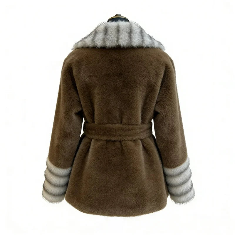 Black/Beige/Brown Color S-2XL Women's Premium Top Quality Artificial  Fur Coat Contrast Striped Wide Lapels Waist-Cinching Slim Fit Adjustable Waistline Eco-Friendly Thick Outerwear Jackets Ladies Luxury Clothing Supplies