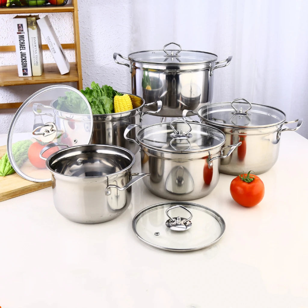 10 PCS Set Silvery/Colored Gift Set Stainless Steel Home Hotels Restaurants Kitchen Cookware Casserole Pot with Handle and Transparent Glass Lid Outdoor Camping Cooking Tools Cookware Supplies