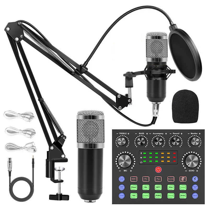 NEW Full Set Black/Silver/Gold Color Professional BM800 Condenser Wireless Microphone Kit with V8 Sound Card Mixer Controller Set Live Streaming Mic Podcast Tools Set