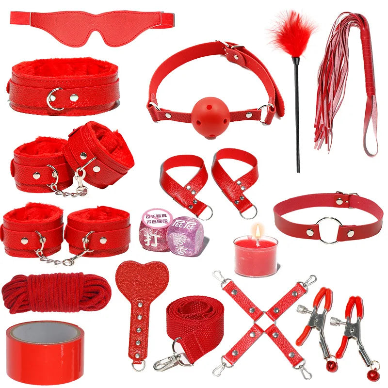 18 PCS Set 4 Colors BDSM  Fetish Sex Party Binding Handcuffs Leather Whip Anal Plug Adult Couples Intercourse Sex Toys Sex Play Tools Set