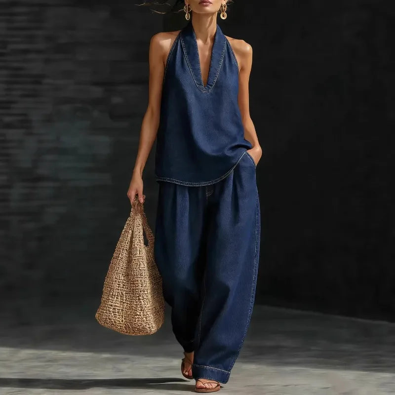 2 PCS Set S-3XL 5 Colors Boutique Sale Autumn Spring New Fashion V-Neck Retro Denim Vest Wide Leg Jeans Pants Women's Casual Apparel Supplies