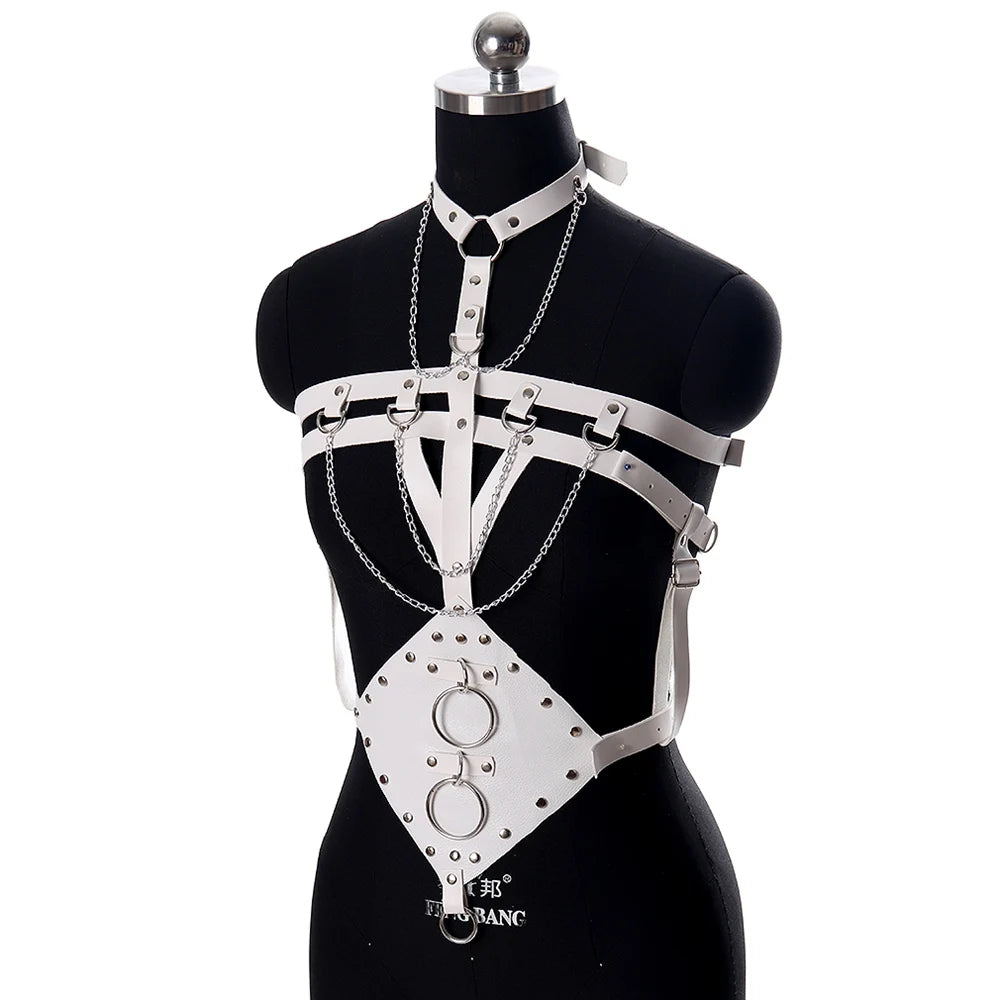 NEW Gothic White Leather Full Body Harness Bra Cage Punk Waist Pole Party Dance Rave Strap Bondage Garter Belt Adjust Size Sexy Lingerie Fashion Clothing Supplies