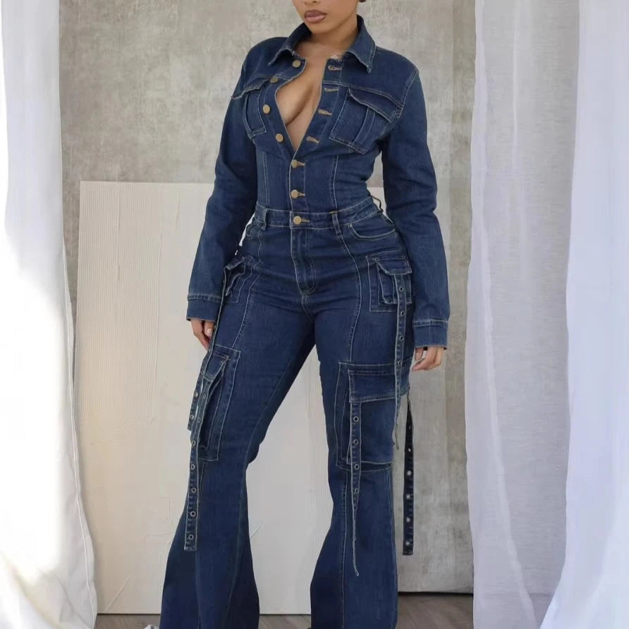 S-2XL Women Slim-Fit Flared Pants Multi-Pocket Denim Jean Jumpsuit Fashion Streetwear Bodysuit Casual Apparel Women Clothing Supplies