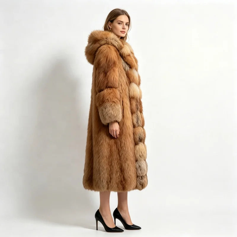 S-5XL Plus Size 4 Colors Premium Ladies Winter Luxury Hooded Artificial Fox Fur Coat Long Thick Warm Fluffy Fur Overcoat Women's Fashion Winter Outerwear Windproof Jacket Faux Fur Coats