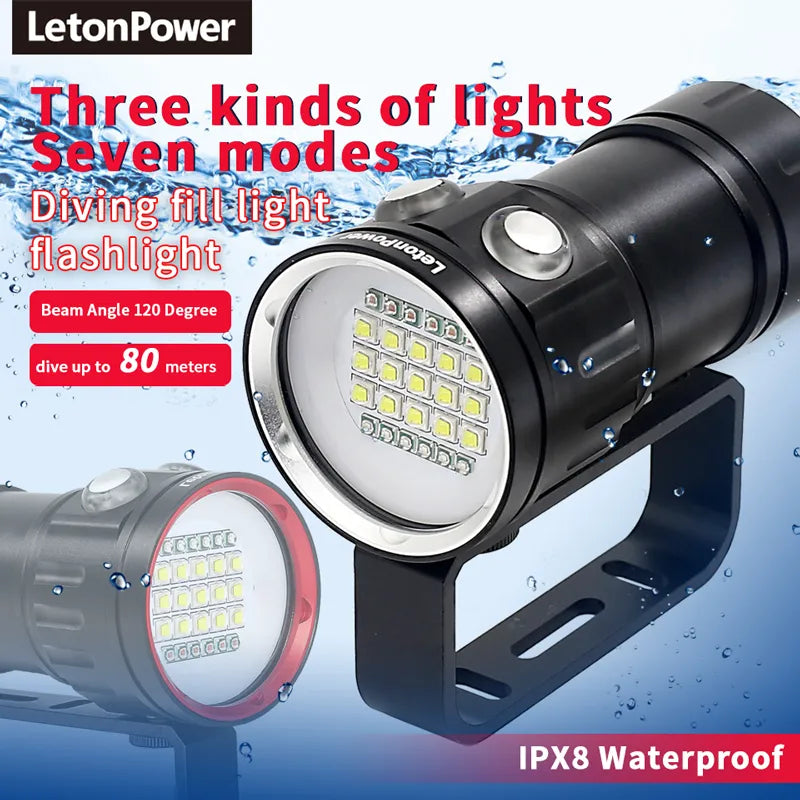 Professional Underwater 27 LED Photography Light Highlight Lamp 20000 Lumens Diving Flashlight 100M Waterproof Video Camera torch