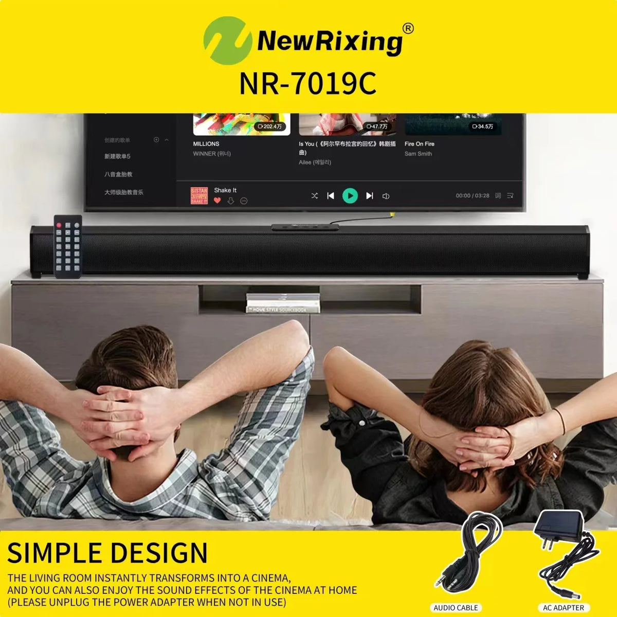 Home Theater Karaoke Sound System NR7019C 50W Desktop Long Sound Bar TV Echo Wall Karaoke BT Bluetooth Speaker Studio with APP Remote Control Built-In MIC 3D Surrounding Sound HI-FI Home Party Sound System