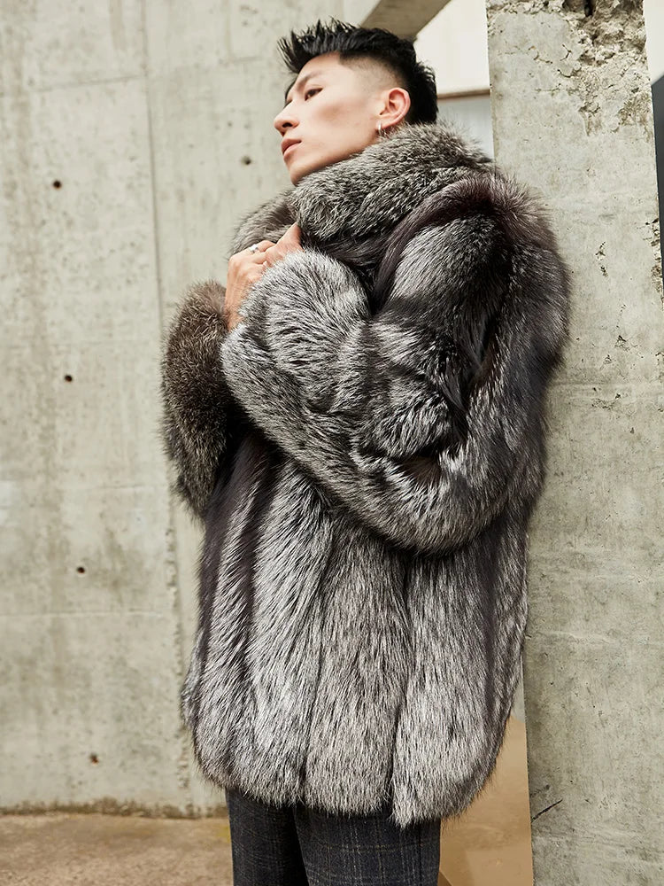 BEST PRICE White/Black Color M-3XL Plus Size Men's New Trendy Male Real Silver Fox Fur Lapel Design Coats Silver Fox Fluffy Furry Fur Coat Fur Jacket Gentleman Luxury Apparel Supplies
