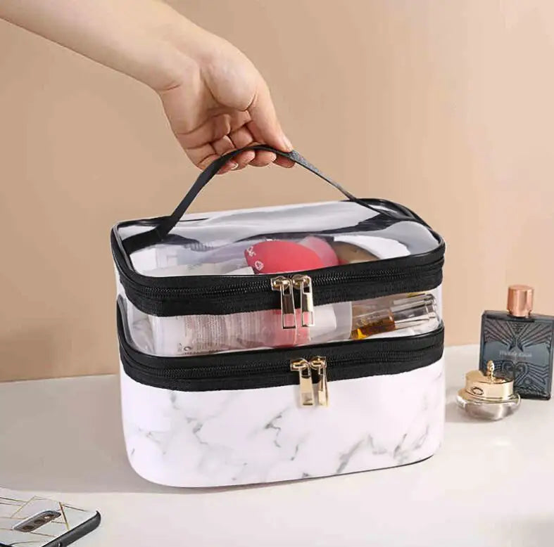 Luxury Black/White/Leopard Large Capacity Makeup Bag For Women Transparent PVC Double Layer Storage Wash Cosmetic Bag Waterproof Organizer Toiletry Cases Products Cosmetic Accessories Supplies