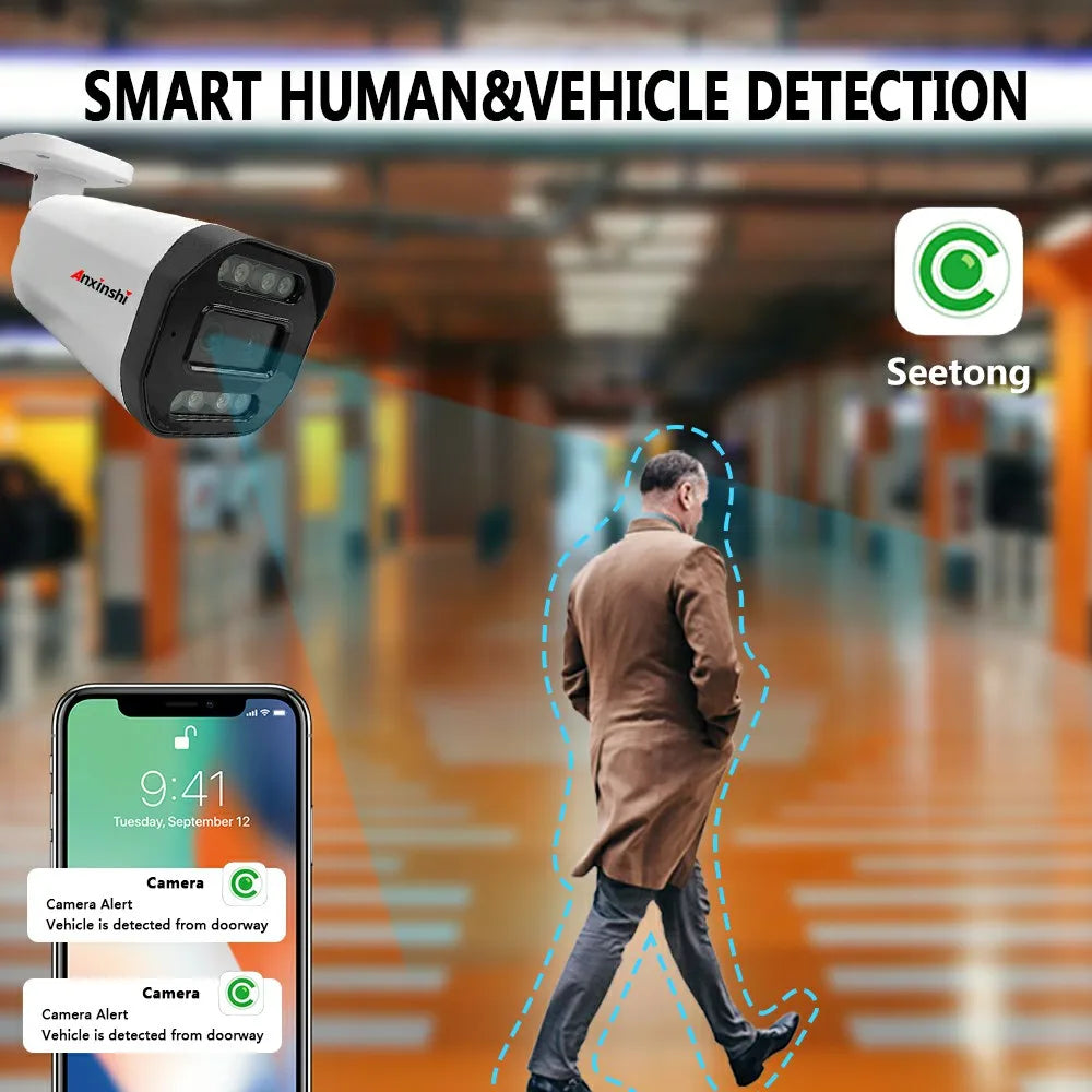 NEW Arrivals H265+ APP Seetong  4MP Dual Len POE Bullet Camera with Black Light Technology Full Color Night Vision IP66 for Outdoor Human Sensor Cars Detection Top Quality Home Security Supplies