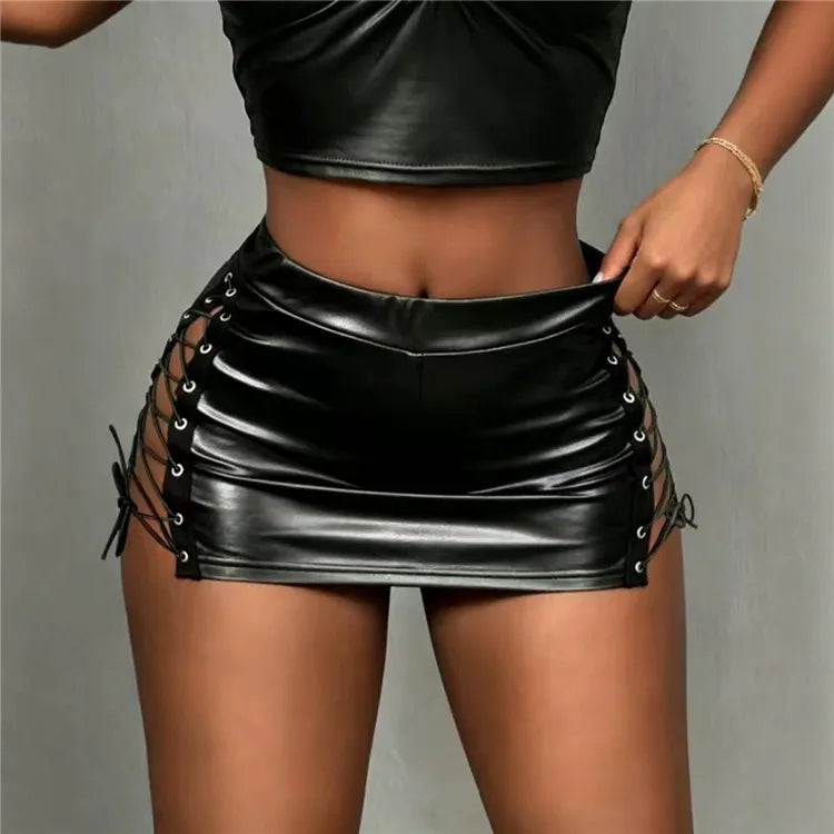 NEW Arrivals Hot Women Side Lace-Up Sexy PU Leather Skirt Autumn Spring Summer Fashion High Waist Sexy Skinny Mini Skirts Night Clubwear Evening Rave Party Women Sexy Apparel Supplies