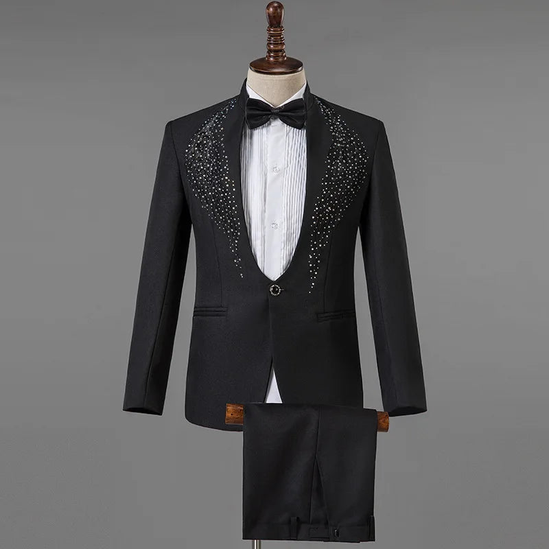 Father of Bride Men's Luxury Stand Collar Rhinestones Suit S-2XL New Fashion Embroidery Blazer Slim Set Wedding Evening Prom Party Night Business Party Celebrities Costume Gentleman Formal Apparel Supplies