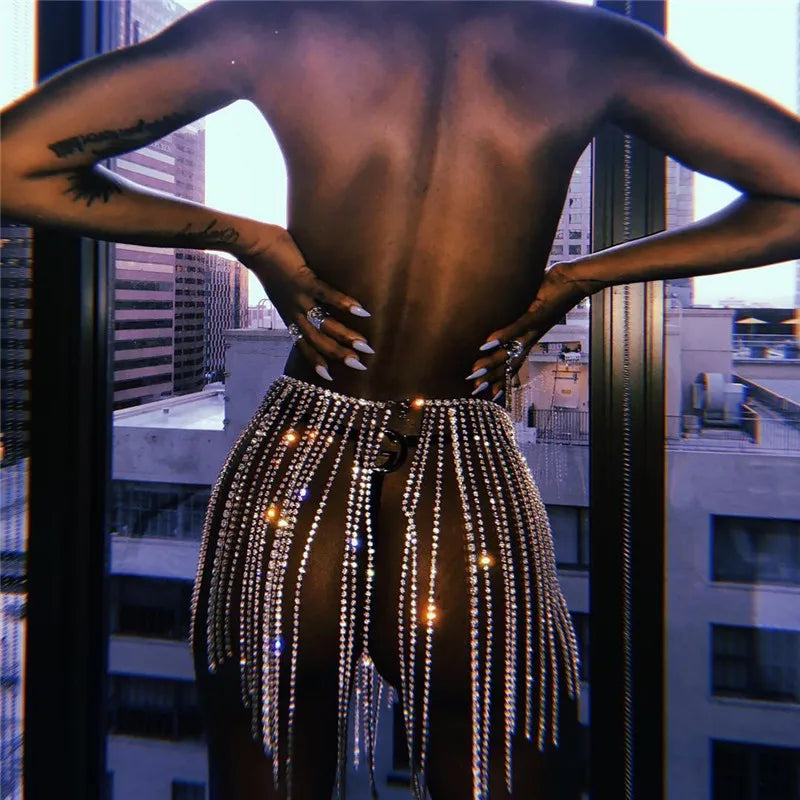 Golden/Silver Color Super Sexy Sparkly Rhinestone Tassel Chain Skirt New Arrival Sexy Shine Hollow Out Handmade Nightclub Beach Mini Skirt
