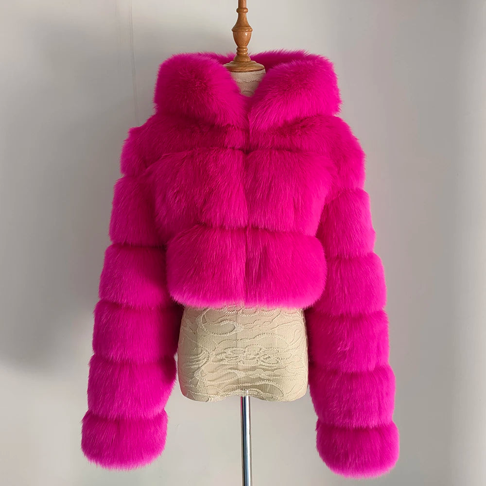 NEW Arrivals S-3XL Coffee/Dark Gray/Black Fashion Women Environmental Red Faux Fox Fur Coat with Hood Thick Warm Full Pelt Fake Fur Jacket Short Winter Woman Fur Coat Ladies Girls Luxury Fashion Clothing Supplies