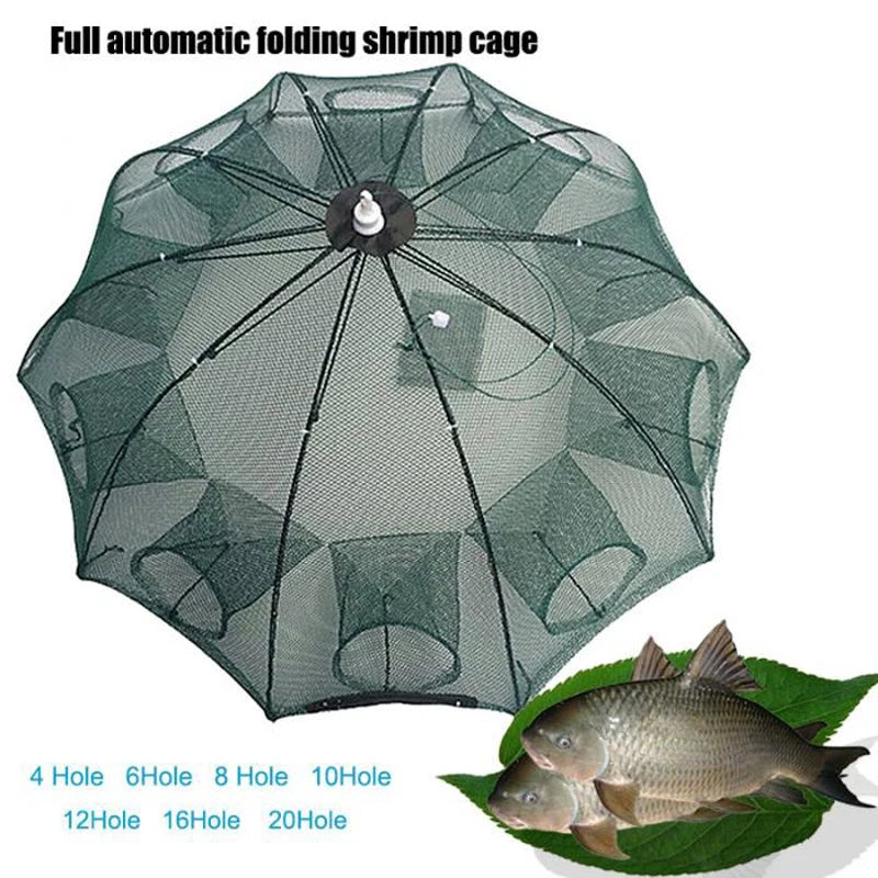 NEW Arrivals 4/6/8/10 /12/16/20 Holes Automatic Professional Fishing Net Fishing Trap Portable Folding Crayfish Catcher Mesh Trap Cage with Ring for Ocean Lakes River Sea Fishing Accessories