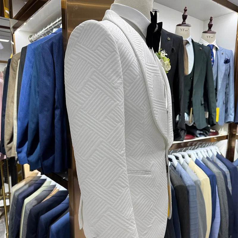 Boutique HOT SALE  3 PCS Set Xs-3XL Plus Size Men's Luxury White Wedding Casual Host Suit Pants + Vest + Jacket Evening Business Party Style Breathable Costume Male Luxury Apparel Supplies