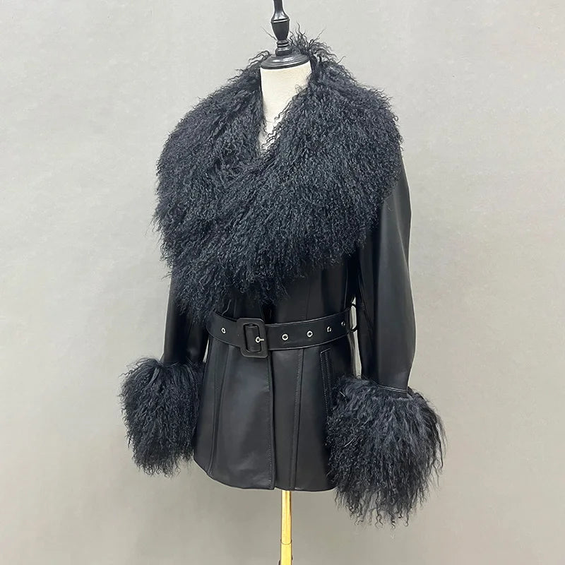 Boutique Gala HOT SALE S-2XL Women's  Real Mongolian Lamb Fur Collar and Cuff Genuine Sheep Leather Jacket Winter Autumn Warm Black Outerwear Coats Ladies Luxury Apparel Supplies.