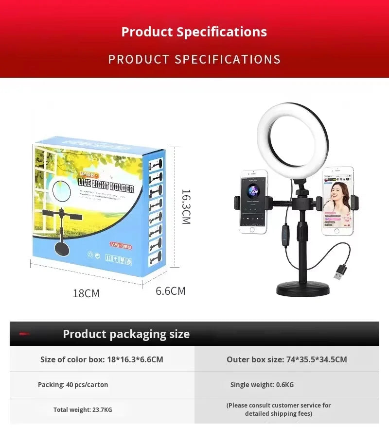 2 Phones Holder Portable Retractable Desktop Ring Light with Dual Phone Clip, Dimmable 6" LED Fill Light Stand for Live Streaming & Selfie TikTok YouTube Video Maker Vlog Social Media Tools Set