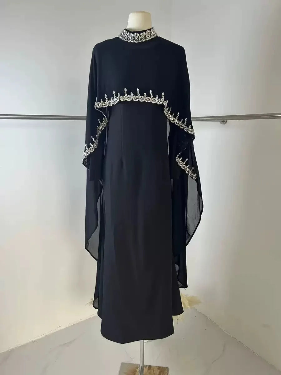 5 Colors Xs-2XL Plus Size Y20 Ramadan Eid Dubai Kaftan Islam Luxury Handmade Shiny Wedding Guest  Party Dresses Rhinestone Neck Elegant Cape Muslim Women Winter Gowns