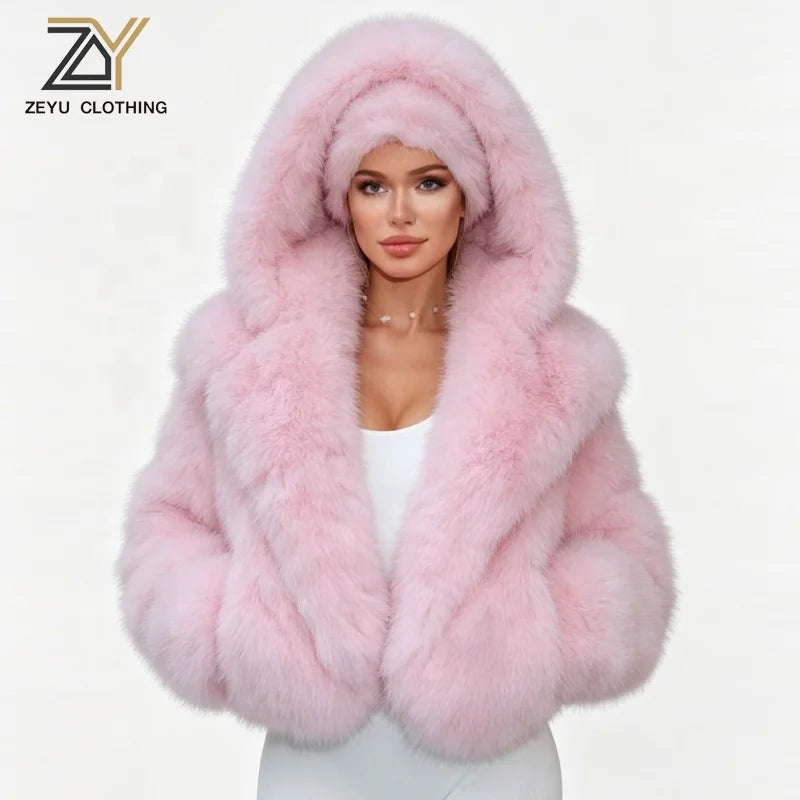S-4XL Plus Size Women's Short Pink Faux Fox Fur Coat Hooded Winter Warm Thick Fluffy Artificial Fur Jacket Ladies Fashion Winter Coat Snow Boots Outerwear Jackets Women Winter Apparel Supplies