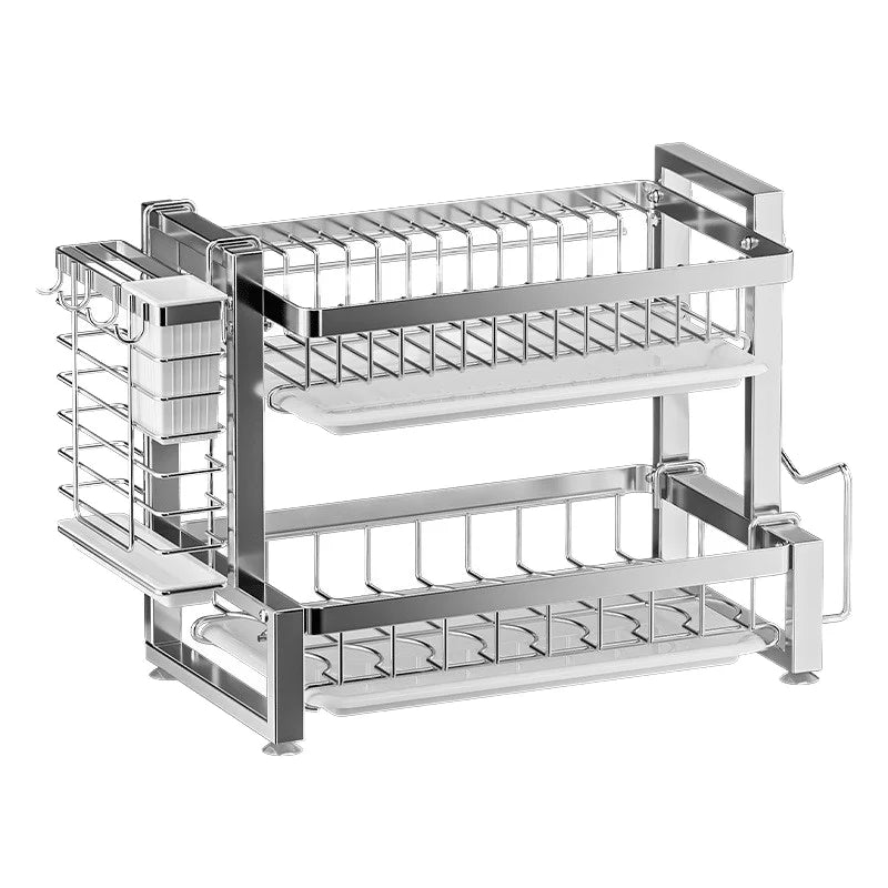 Double-Layer Stainless Steel Dishes Plates Storage Rack Kitchen Countertop Rustproof Folding Drain Rack Countertop Dryer Dish Organizer Kitchenware Supplies