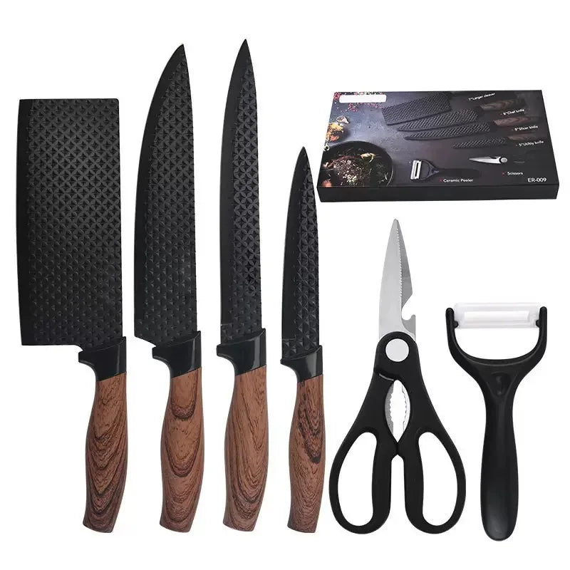 NEW 6 PCS Japanese Set Kitchen Sharp  Knife Set With Covered Handle Chef's Meat Cleaver Vegetable Fruit Knife Kitchen Scissors Set Outdoor Camping Grill Barbeque Cooking Tools Set