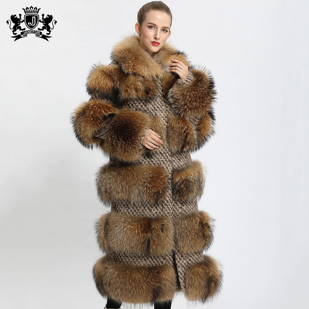 100% Natural Raccoon Fur 4 Colors Women's Winter Long Jacket Style Real Raccoon Fur Coat Plush Fashion Design Long Outerwear Fur Coat Evening Business Party Prom Celebrity Ladies Luxury Apparel Supplies