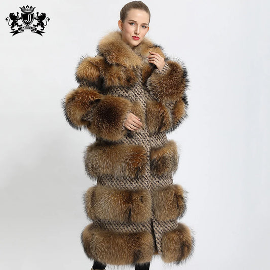 100% Natural Raccoon Fur 4 Colors Women's Winter Long Jacket Style Real Raccoon Fur Coat Plush Fashion Design Long Outerwear Fur Coat Evening Business Party Prom Celebrity Ladies Luxury Apparel Supplies