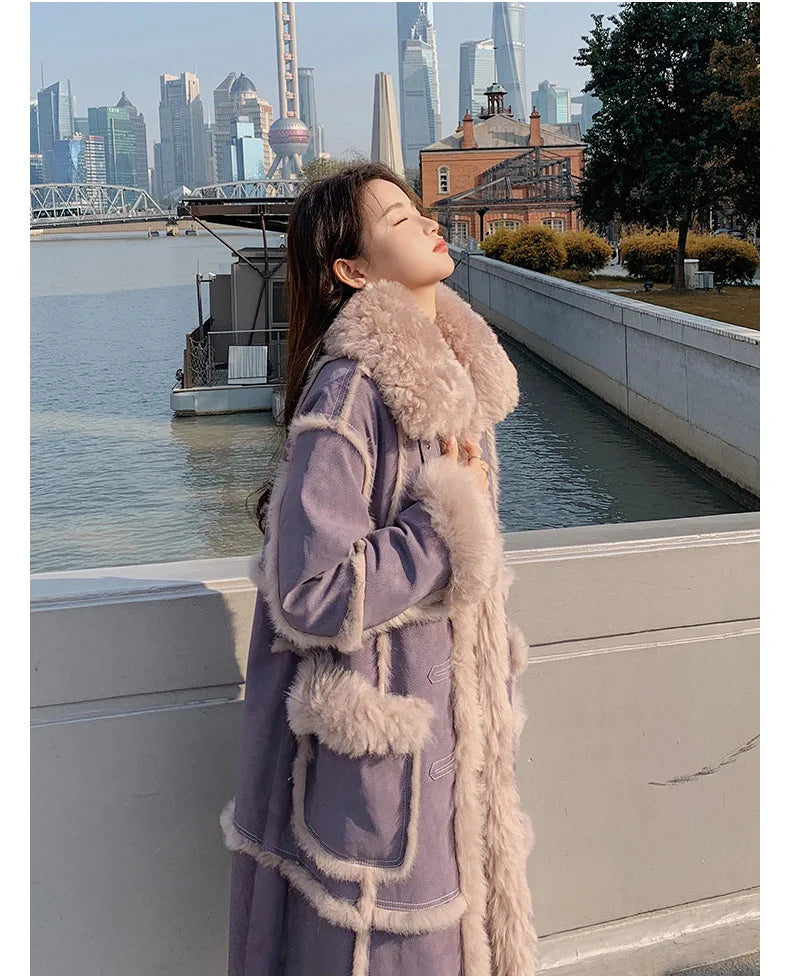 HOT SALE Dark Gray/Purple Color Winter New Women's Top Quality Windbreaker Long Coat  Faux Fur Lined Lamb Wool Puffer Jacket Outerwear Coat Women Winter Clothing Supplies