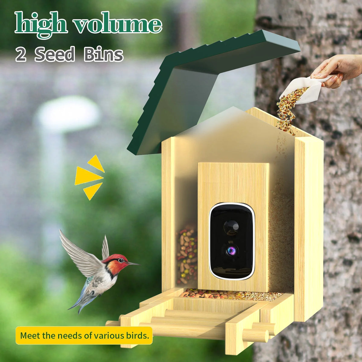 Home Garden Tree Mounted Eco-Friendly Solar Powered Smart Bird Feeder Camera 2K QHD IP66 Waterproof 11000+ Species AI Identification Fast Trail Game CMOS